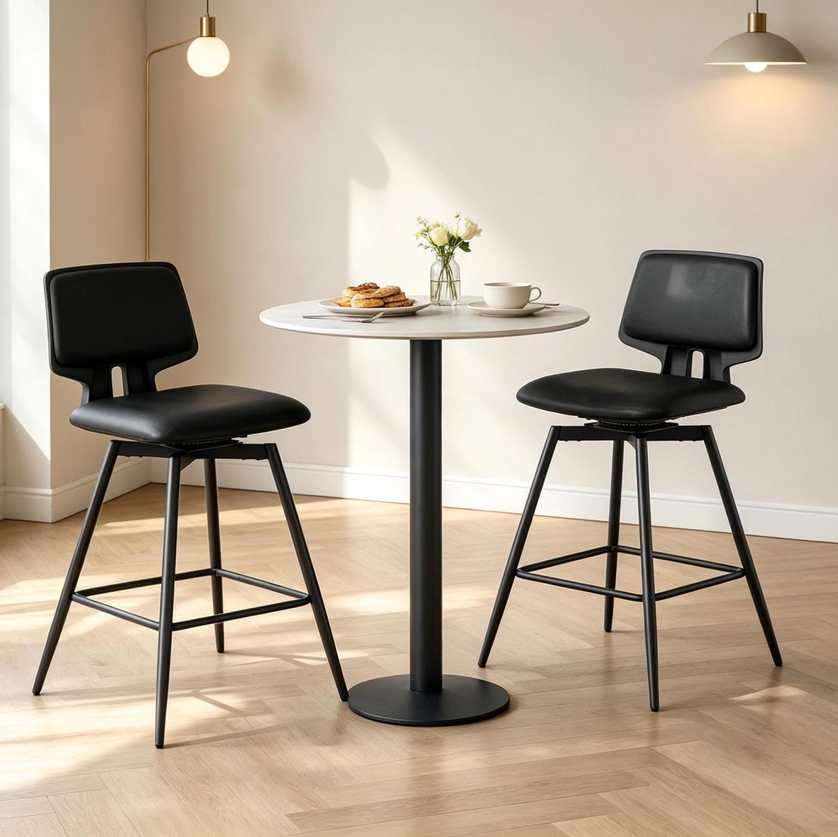 OKWISH Barkruk Set van 2 – 65,5 cm Zithoogte – 360° Draaibaar Met Rugleuning & Voetensteun – Voor Keuken, Bar of Eetkamer – Kunstleer – Zwart