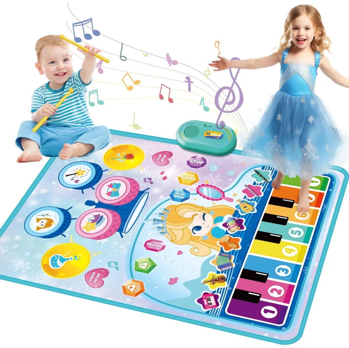 casalora - 3 in 1 Muziekmat - Kinderspeelgoed 1 2 3 Jaar - Dansmat - Pianomat - Kleine prinses touch speelkleed - Pianoklavier & Drumset met 2 Drumstokken - Cadeau Vroeg Educatief Muzikaal Leerspeelgoed - meisjes en jongens - Babyspeelgoed - Blau