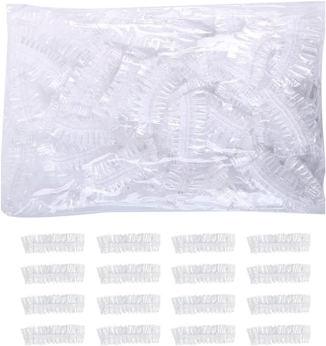 Verpakking van 100 Wegwerp Doucheroosters van Plastic, Waterdicht en Met Elastische Bandjes voor Bescherming van Oren