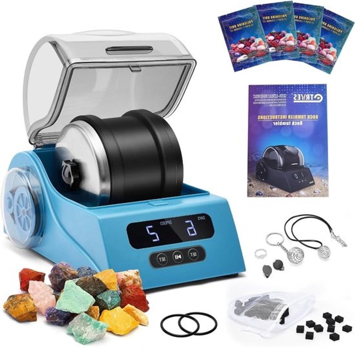 Rock Tumbler Kit - Steen Polijstmachine - Edelstenen Maken - Geluiddempende Deksel - 1 pond capaciteit - Blauw