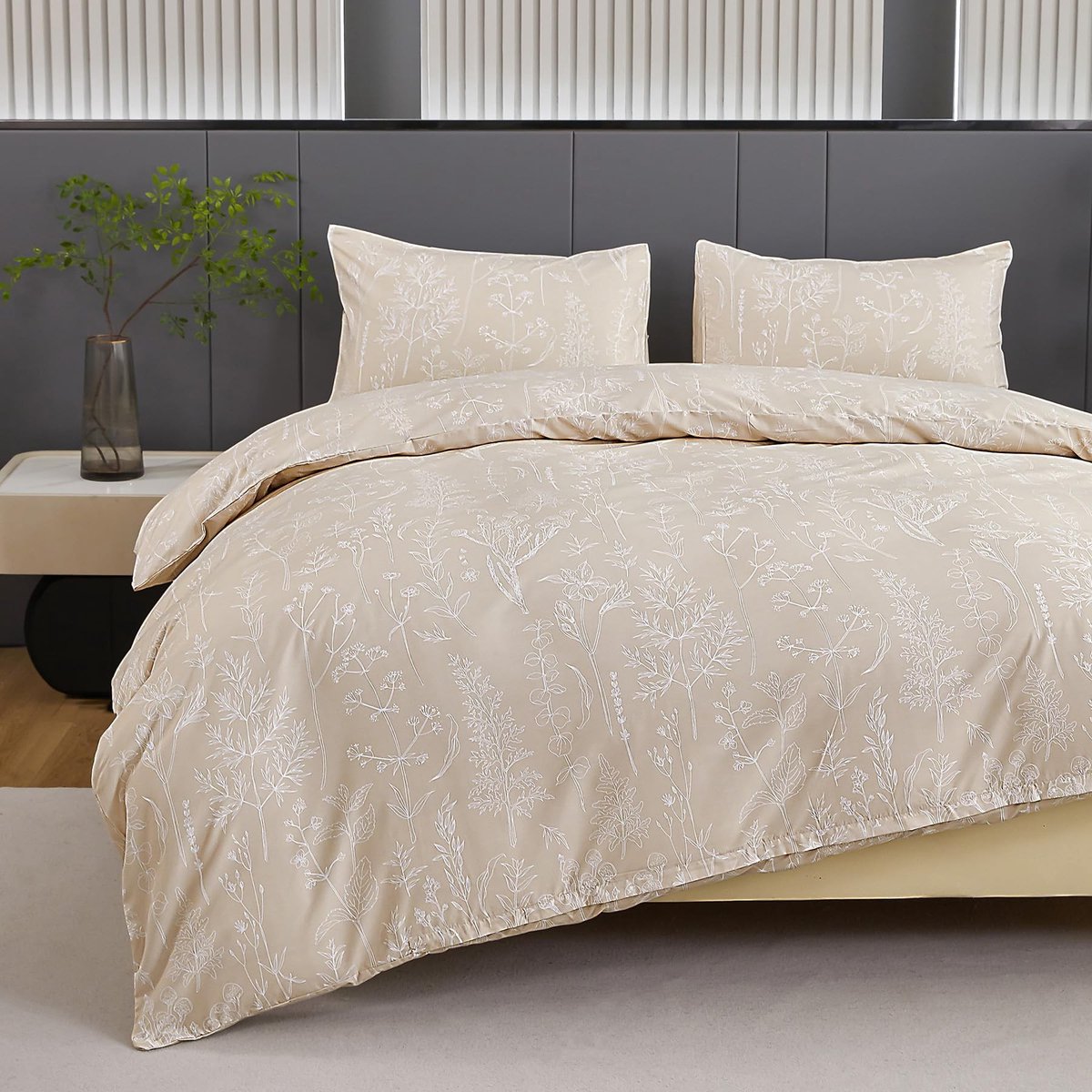 Bedlinnen Set - Beige met Bloemenpatroon - 135x200 cm