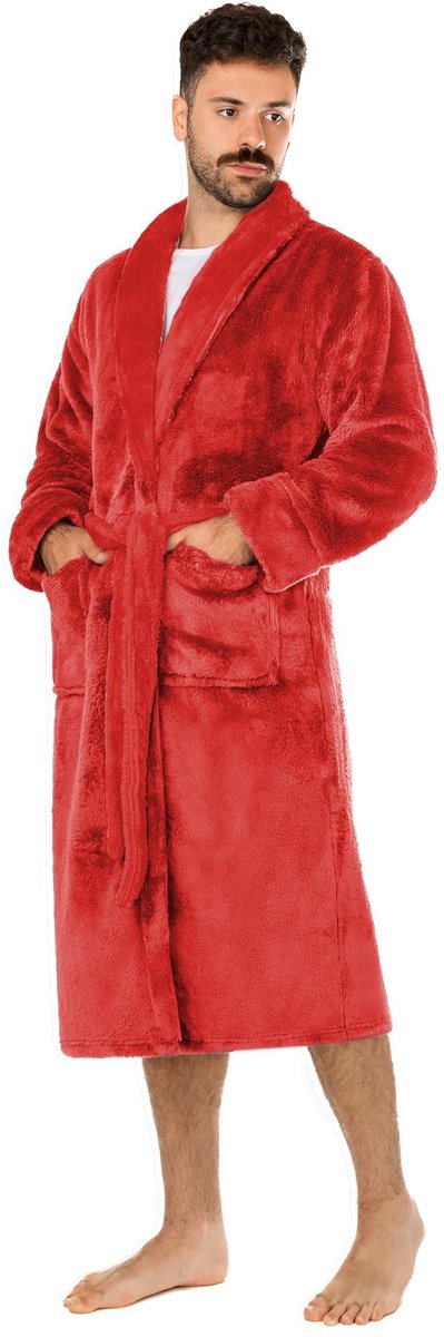 Fleece Badjas voor Heren - Warme Dressing Gown met Capuchon - Rood