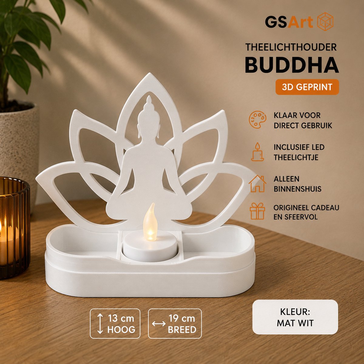 GSArt Theelichthouder Buddha 19cm – Lotus – Inclusief LED Theelichtje - Mat Wit