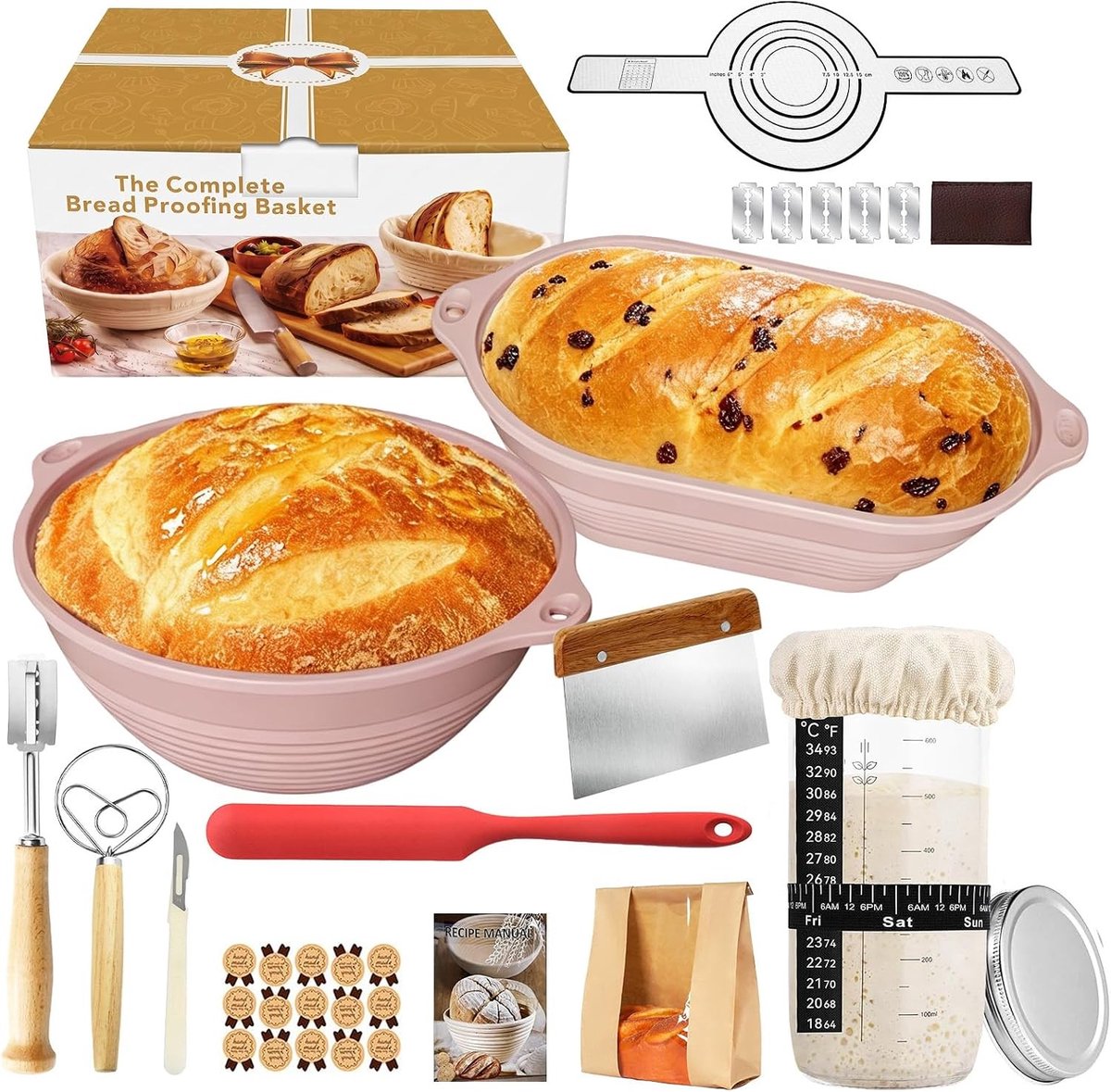 Bakken met een compleet set voor zuurdesem, inclusief 18 delen, ovale en ronde fermentatie manden, ideaal voor zowel beginners als professionals