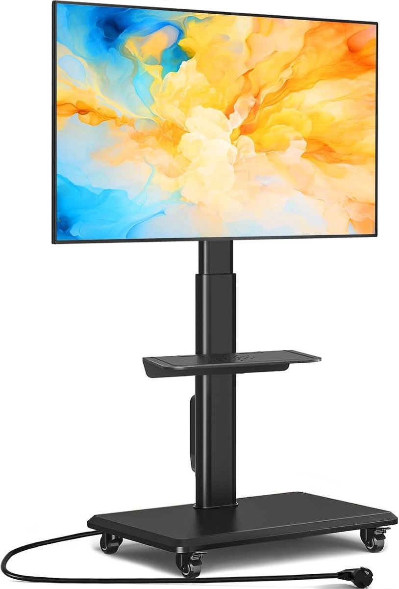 Mobiele TV Stand met Wielen voor 32-55 Inch TV's, Verstelbare Hoogte, Draaibaar en Houten Basis, Geschikt voor VESA 400x400mm tot 35kg