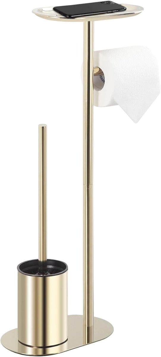 Vrijstaande Toiletborstelset in RVS met Gouden Afwerking - 3-in-1 Set met Toiletpapierhouder en Plank, Modern Design voor Badkamer en Toilet