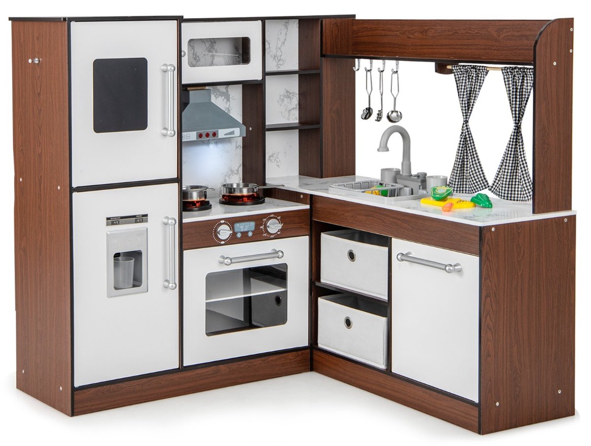 SureDeal® - Rollenspell - Houten Hoekspeelkeuken - Kinderen Keukenset - Peuters Licht - Geluid Draaibare Kraan - 102x88x97 cm - Koffiebruin