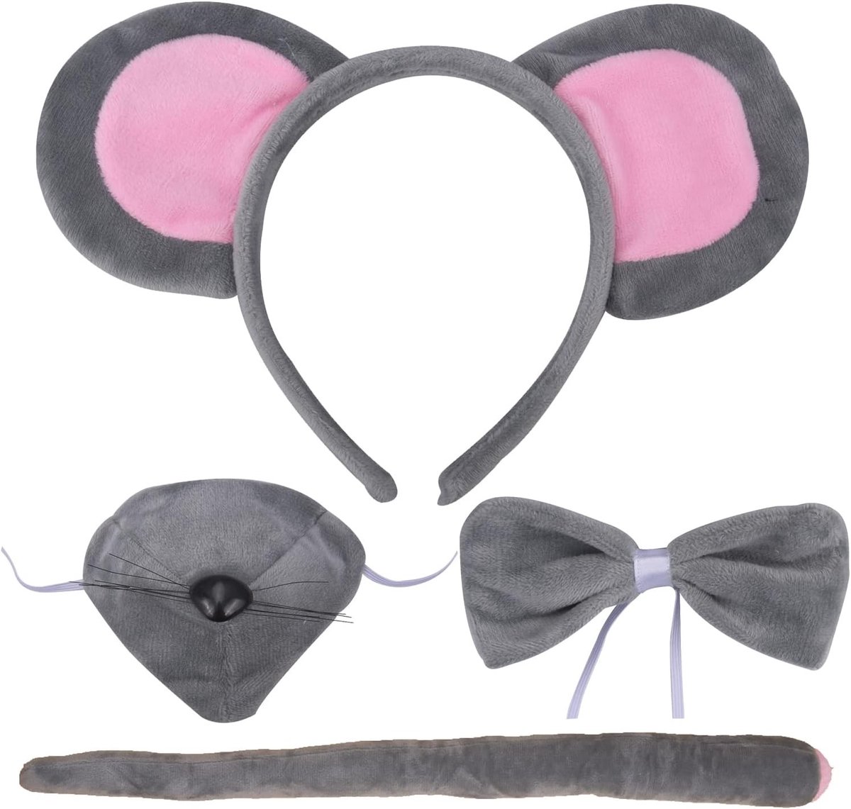 4-delige Muizenkostuum Set met Hoofdband, Oren, Neus, Strik en Staart voor Halloween en Feestjes