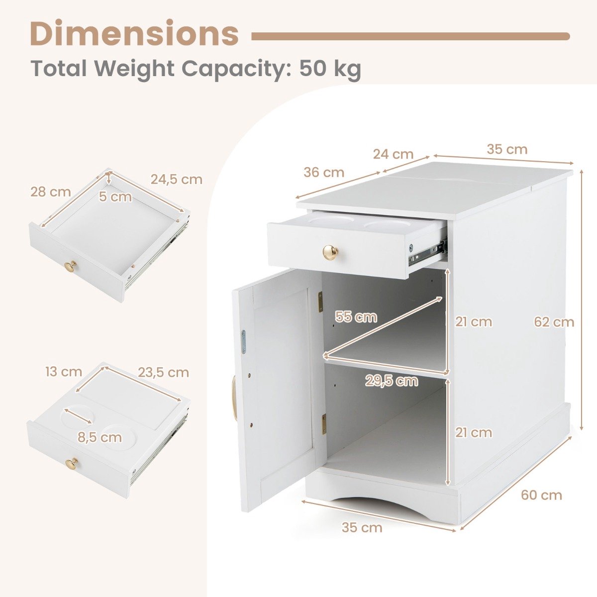 SureDeal® - Nachtkastje - Oplaadstation Bijzettafel - Verstelbare Plank Houten - 60x35x62 cm - Wit