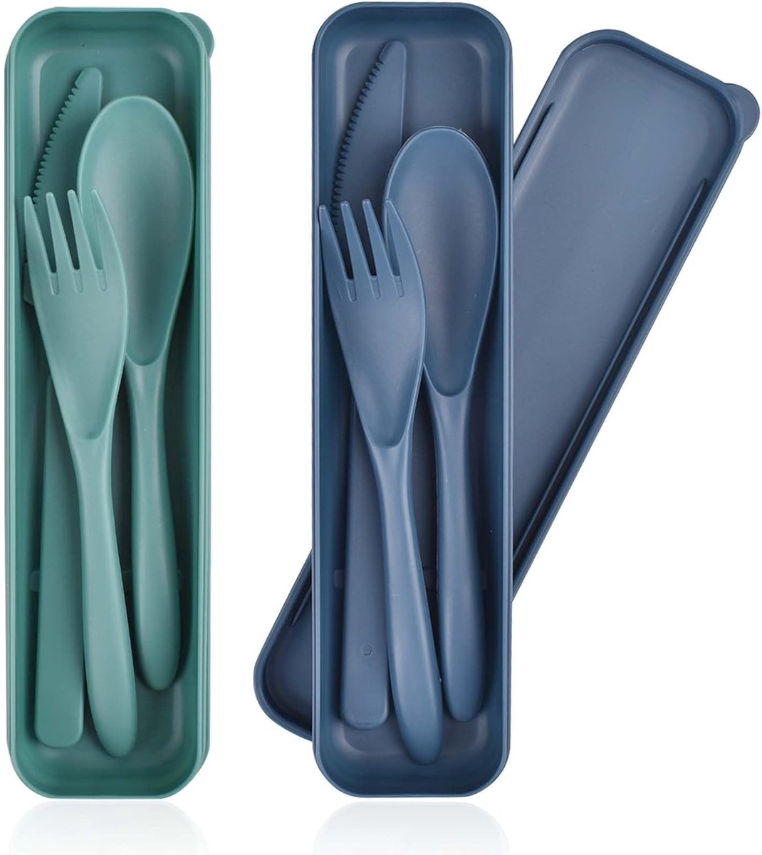 KZQ Herbruikbaar Plastic Bestekset met Opbergdoos, 2 Stuks, Vork, Lepel en Mes, Draagbaar voor Onderweg, Picknick en Kamperen