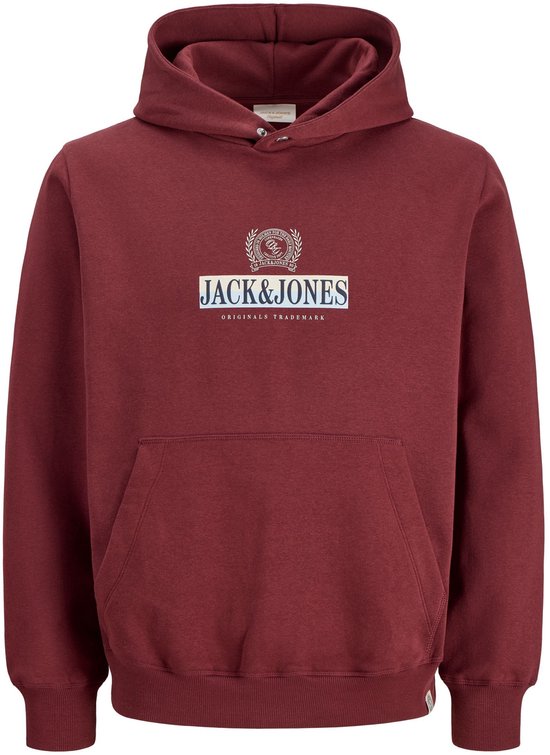 Sweat à capuche bordeaux de Jack & Jones avec un logo rond bleu et blanc 'Jack & Jones Originals Trademark' sur la poitrine.