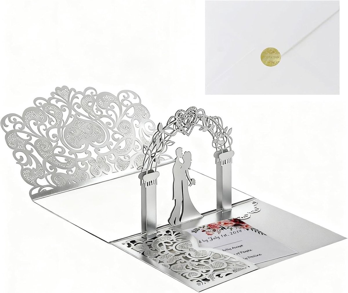 Elegante 3D Pop-Up Trouwhuiskaart met Envelop en Laser Kantontwerp, Unieke Uitnodiging voor Bruid en Bruidegom, Perfect Trouwgift (1 stuk)
