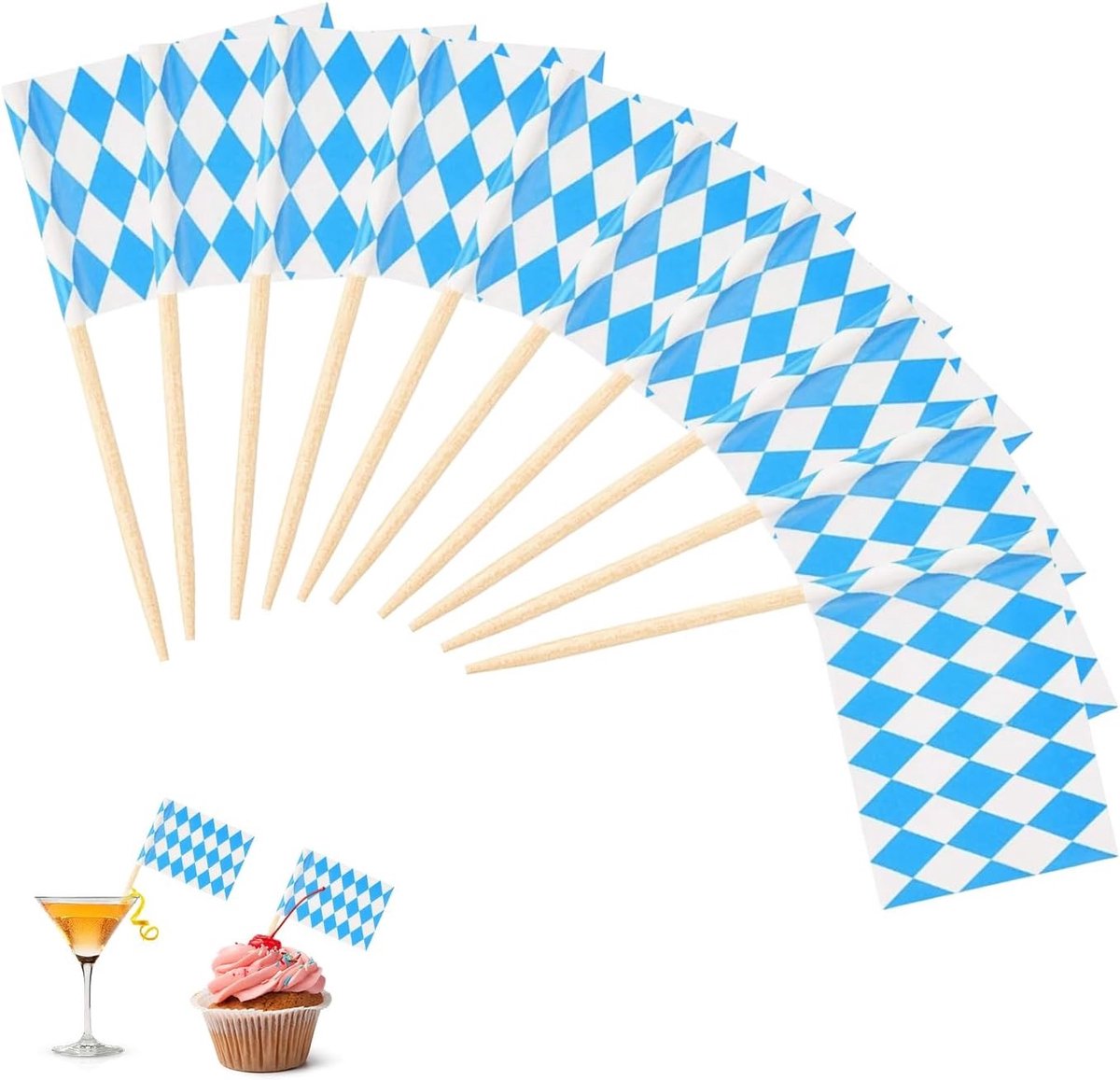 Set van 100 Houten Tandenstokers met Vlaggen voor Feestjes, Decoratie, Cocktails en Taartjes
