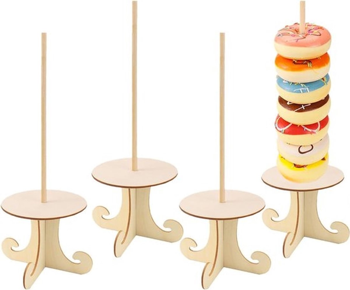 4-delige Houten Donut Houder, Ronde Donut Stand, Donut Rack voor Bruiloften, Verjaardagen en Feestjes, Perfect voor Taart en Snoepgoed