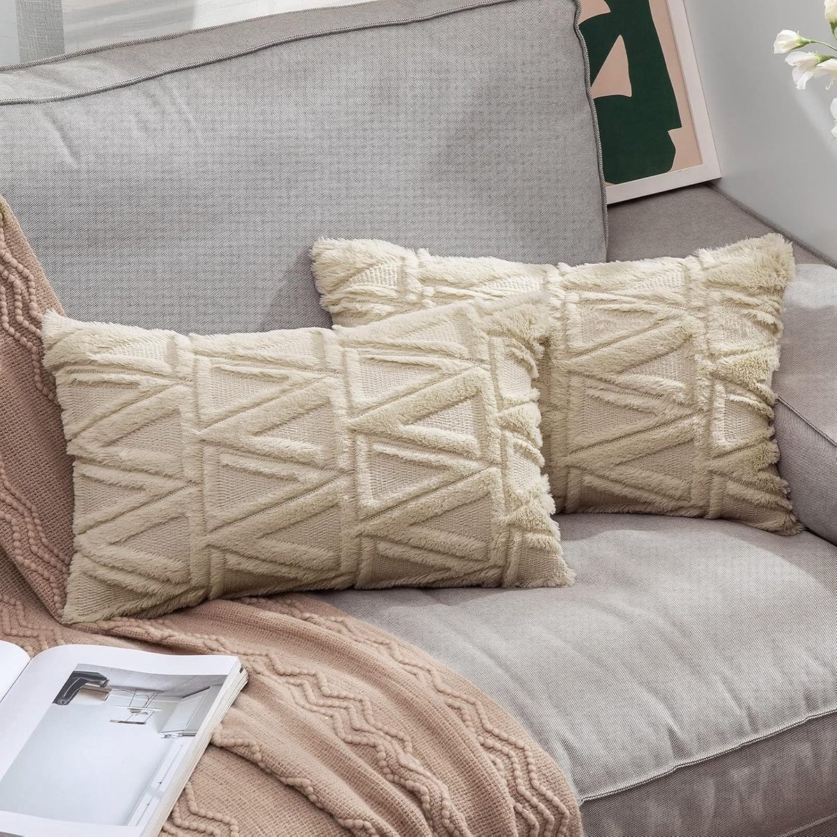 Set van 2 Kussenhoezen, Neppoolwol en Polyester, Modern Driehoekig Patroon, Zacht en Comfortabel, Ideaal voor Woonkamer en Slaapkamer, 30 x 50 cm, Beige Kleur