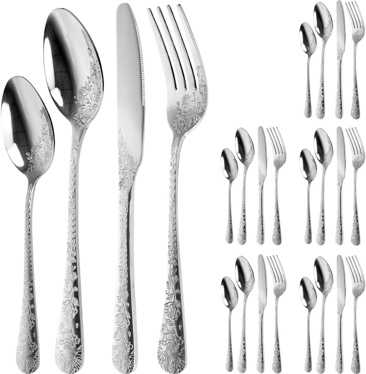 24-delige bestekset - Roestvrij staal met retro snijwerk - Zilver