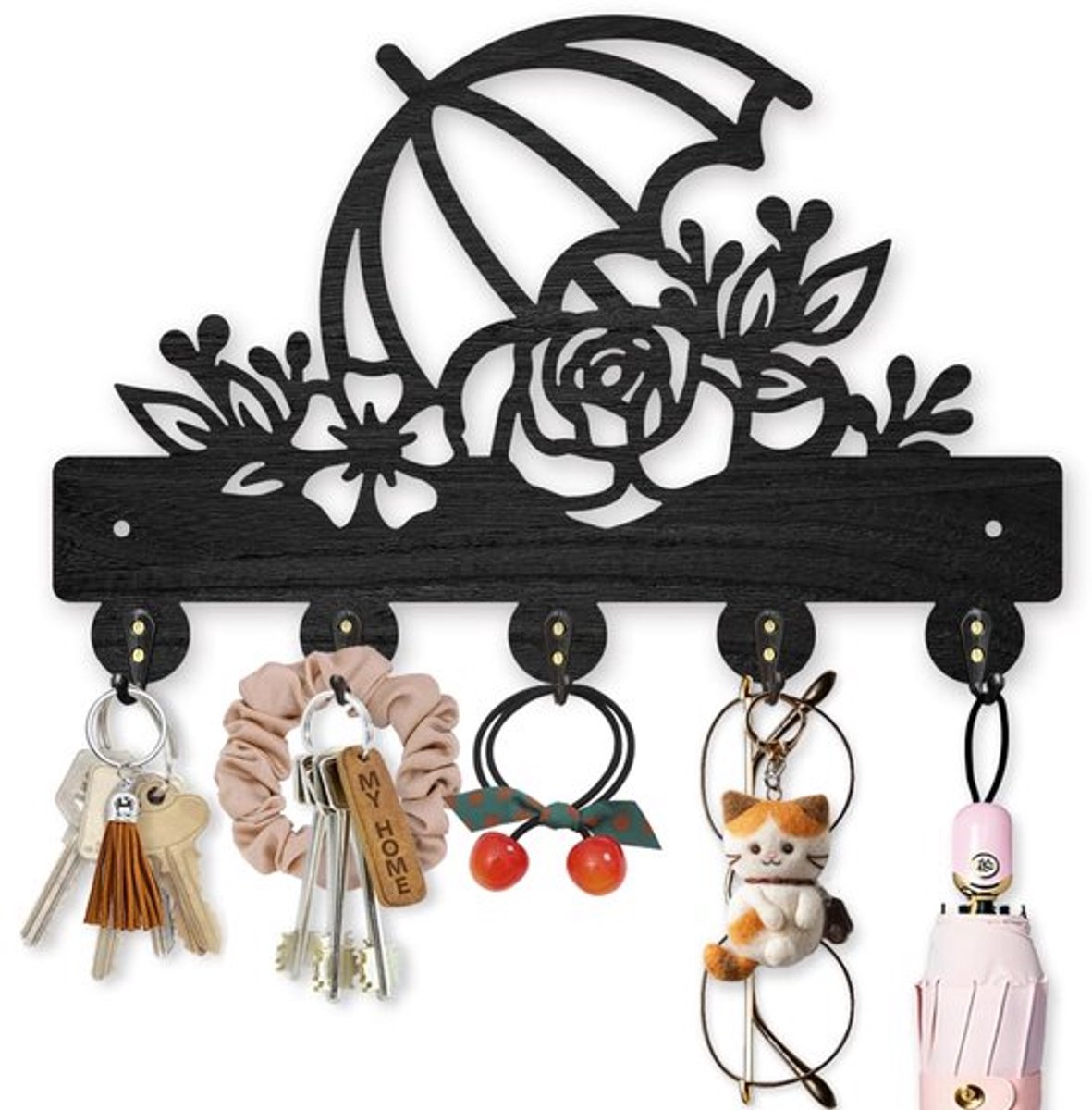 Roze Paraplu Houten Sleutelhanger voor Wand Bloem Bladeren Wandgemonteerde Sleutelhaken 30×20cm Jas Hanger Rek met 5 Legeringshaken voor Entree Voordeur Keuken Kantoor Decoratie