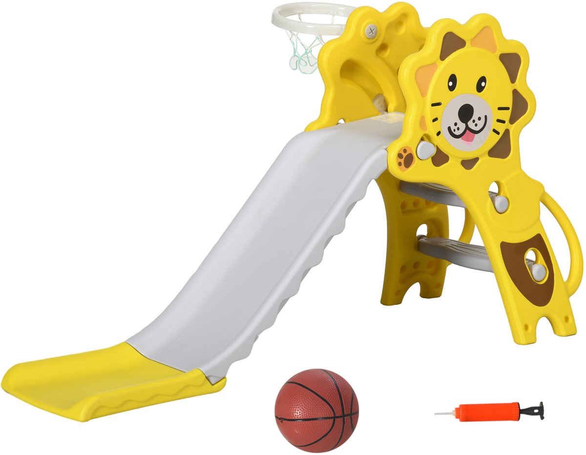 Babyglijbaan met basketbalring en klimrek, eenvoudig te monteren binnenglijbaan, geel