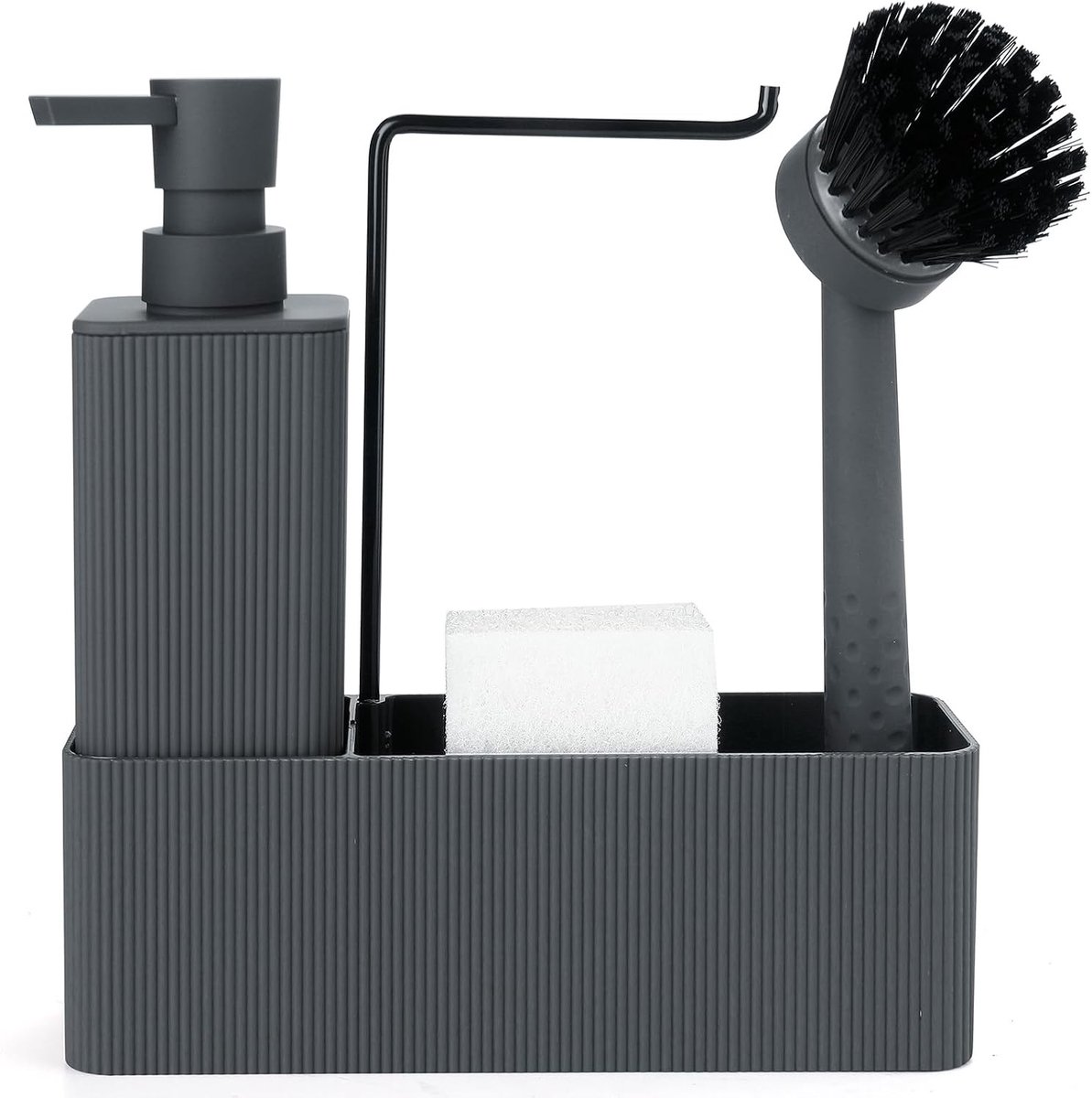 Afwasmiddel dispenser met zeepdispenser, afwasborstel, spons en organizer voor keuken en badkamer (grijs)