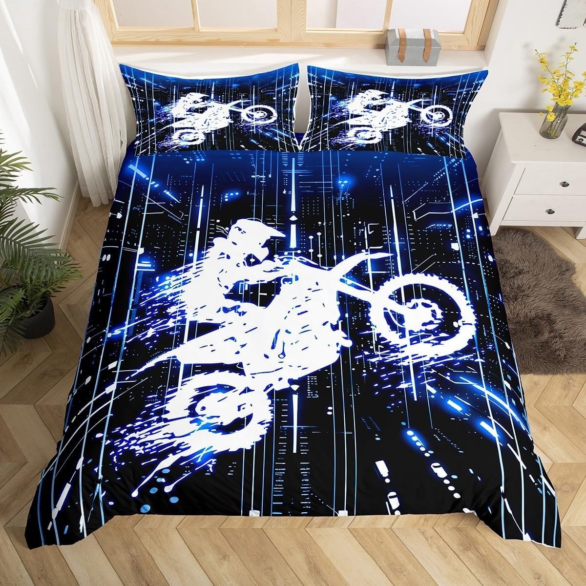 Beddengoedset voor Kinderen in Blauw met Motocross Thema, Inclusief Dekbedovertrek en Kussensloop, Perfect voor Jonge Racers en Sportliefhebbers