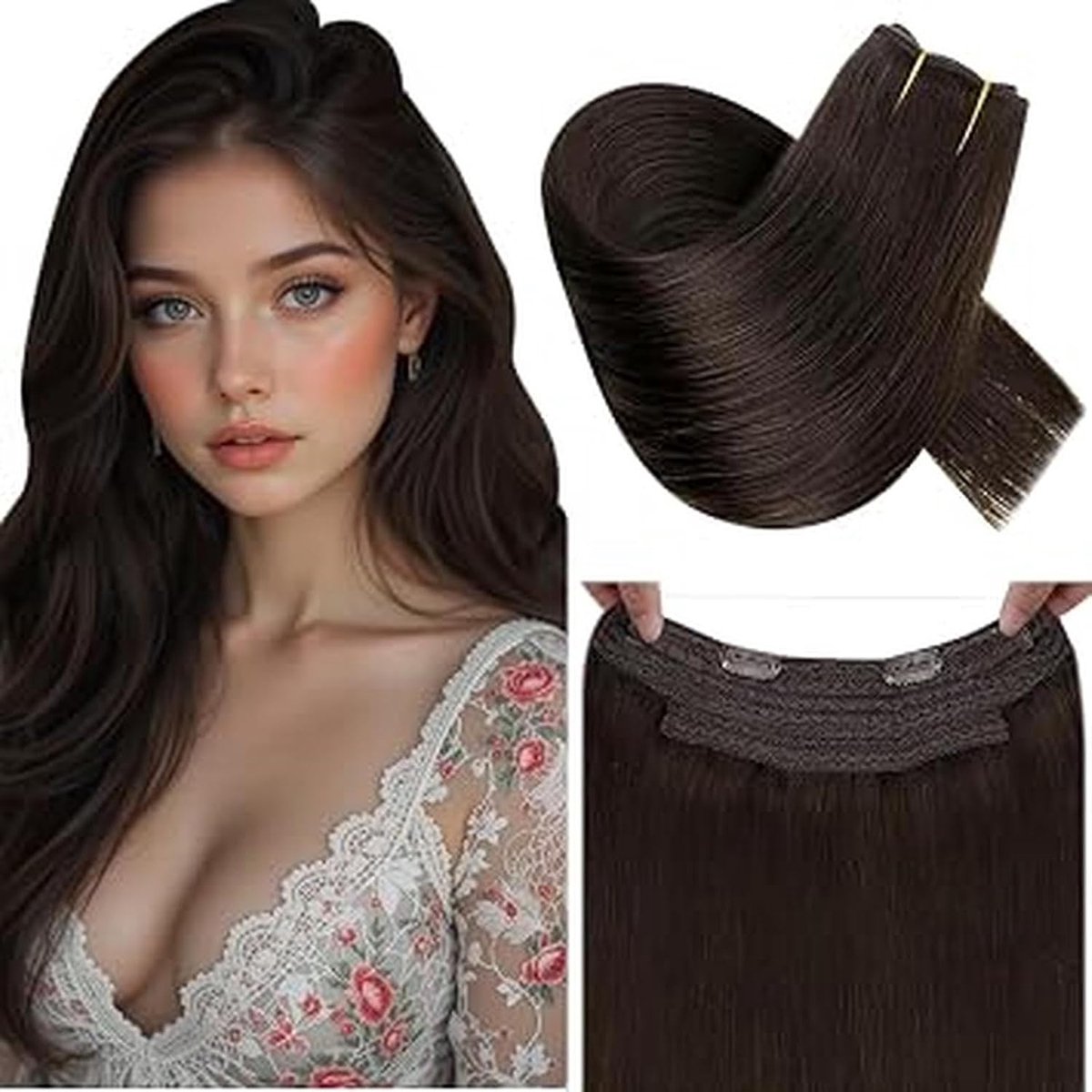 Onzichtbare Draad Haarstuk Donkerbruin 30 cm Steil Menselijk Haar 70g voor Natuurlijke Look