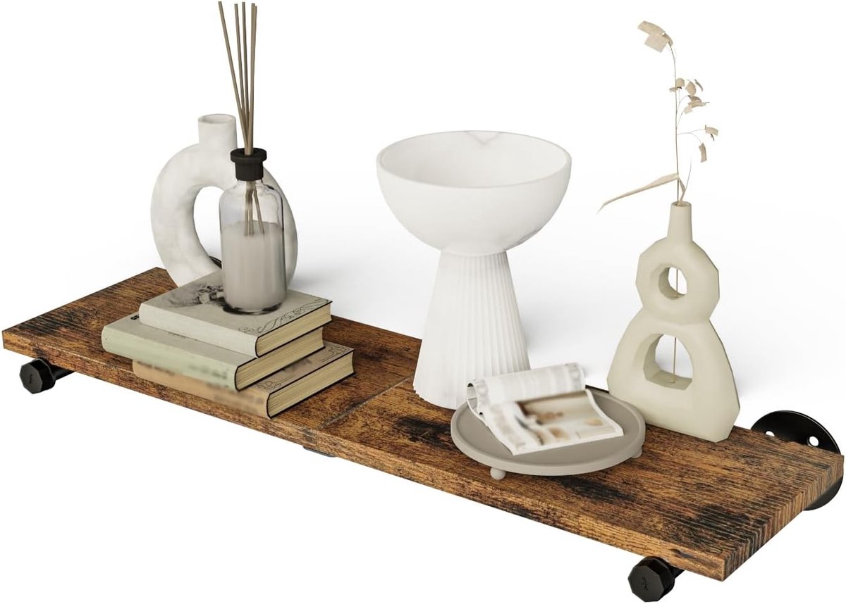 Houten en Metalen Wandplank, Drijvende Plank voor Wandopslag, Decoratie voor Woonkamer, Keuken en Badkamer, 70 x 19 x 1.5 cm