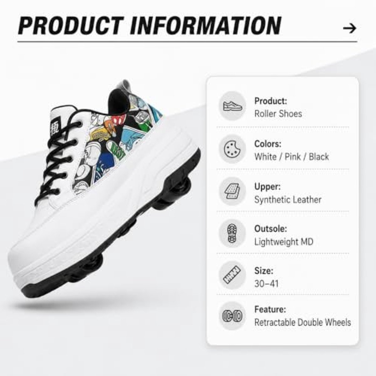 Intrekbare Rolsneakers voor Kinderen - 2-in-1 Wandelen en Schaatsen - Zwart Wit Roze