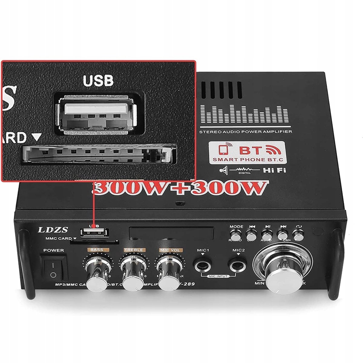 Bluetooth Versterker - Mini Versterker - HiFi Stereo Audioversterker - 2 Kanalen - 300W+300W - USB/SD - FM Radio - Dubbele Microfooningang - Afstandsbediening - 12V/220V - Voor Karaoke & Home Cinema thumbnail 2