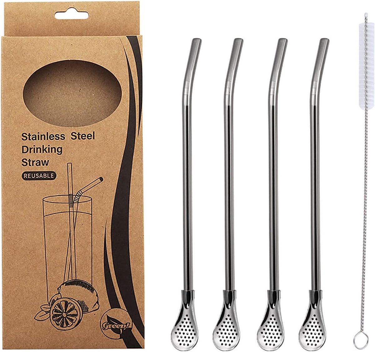 Herbruikbare roestvrijstalen 304 lepelset met 4 stuks en 1 borstel - Ideaal voor losse thee, yerba mate, cocktails en roeren