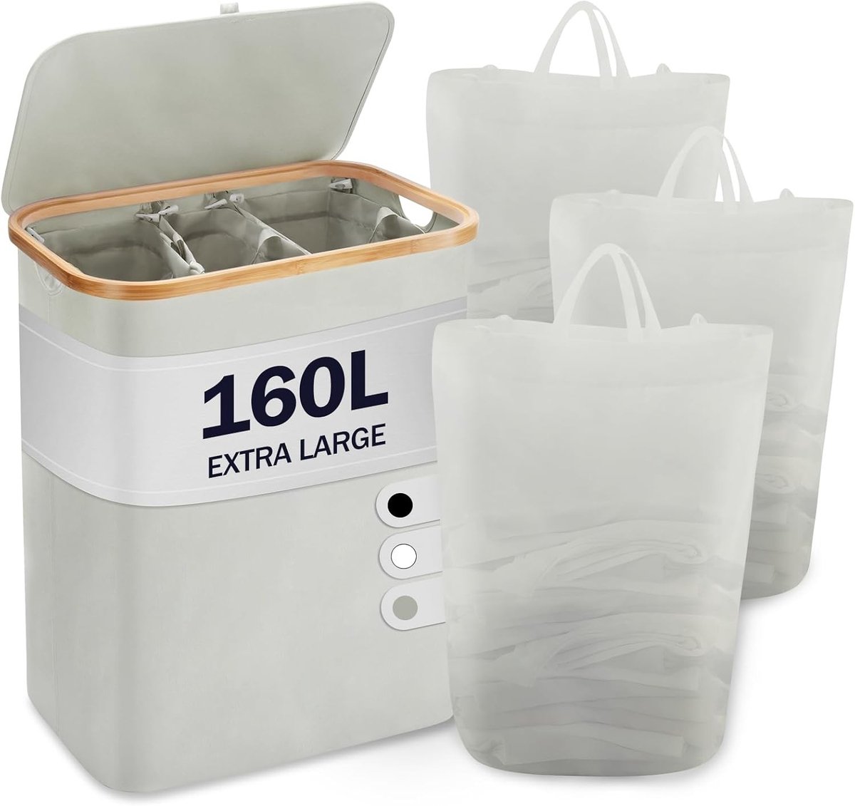 Wasmand met Deksel, 3 Compartimenten, 160 L - Vouwbare Wasverzamelaar met 3 Waszakken van Hout en Bamboe, Ideaal voor Efficiënt Sorteren en Organiseren van Wasgoed