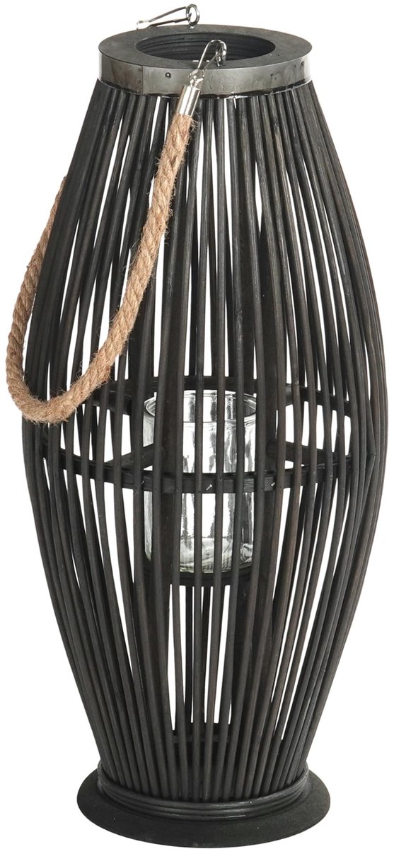Bamboe Lantaarn met Handvat en Glas Inzet - Zwart