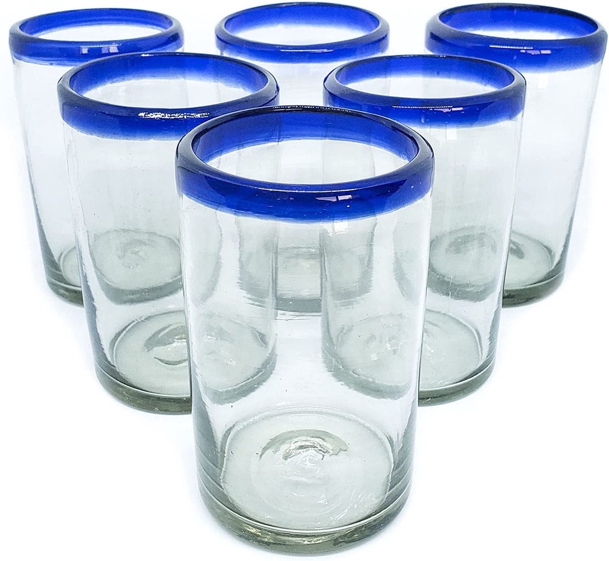 Set van 6 Mondgeblazen Glazen - Kobaltblauwe Rand