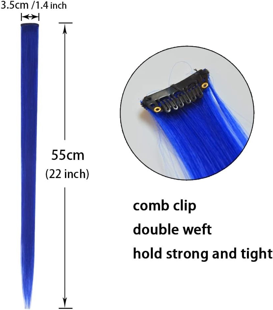 Kleurige 22 inch Clip-in Haarextensions voor Vrouwen - Blauwe Synthetische Haarlokken voor Feest en Highlights