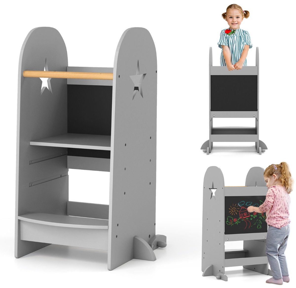 SureDeal® - Boekenkast - Montessori Leertoren - Kinderen Opstapkruk - Verstelbare Hoogtes - Dubbelzijdig Bord Trapkruk - 56x50x85 cm - Grijs