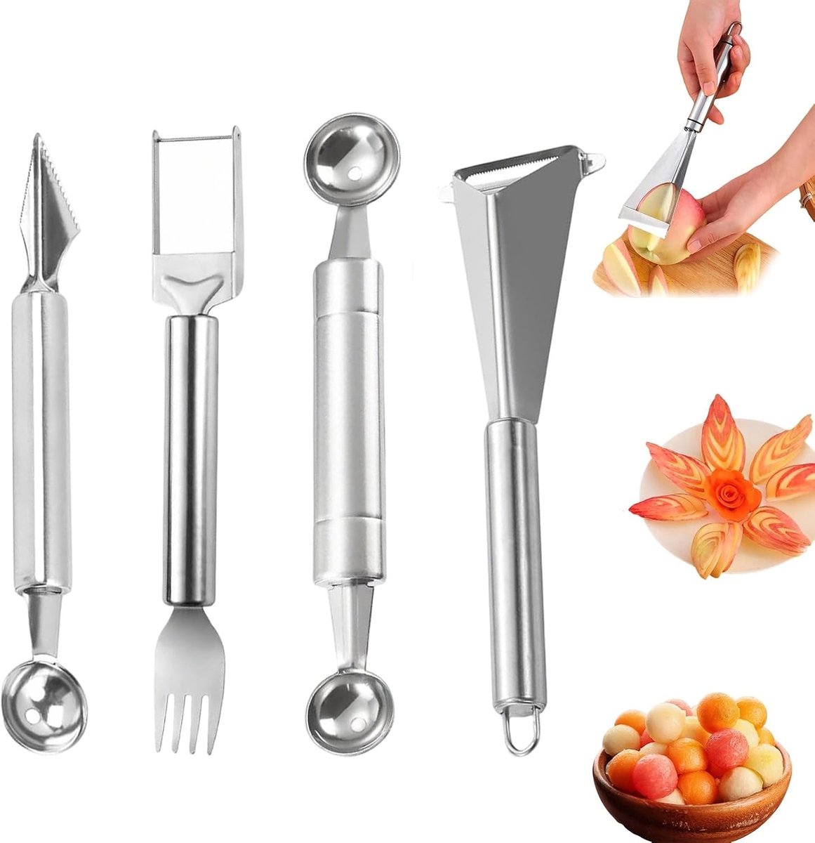 Set van 4 Fruit- en Groentecutters, RVS Watermeloen- en Melonensnijder, Keukenaccessoires voor Fruit en Groenten