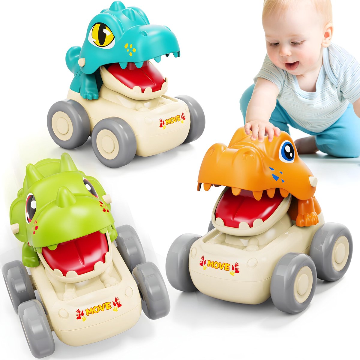 Dino Druk en Ga Speelauto's - Set van 3