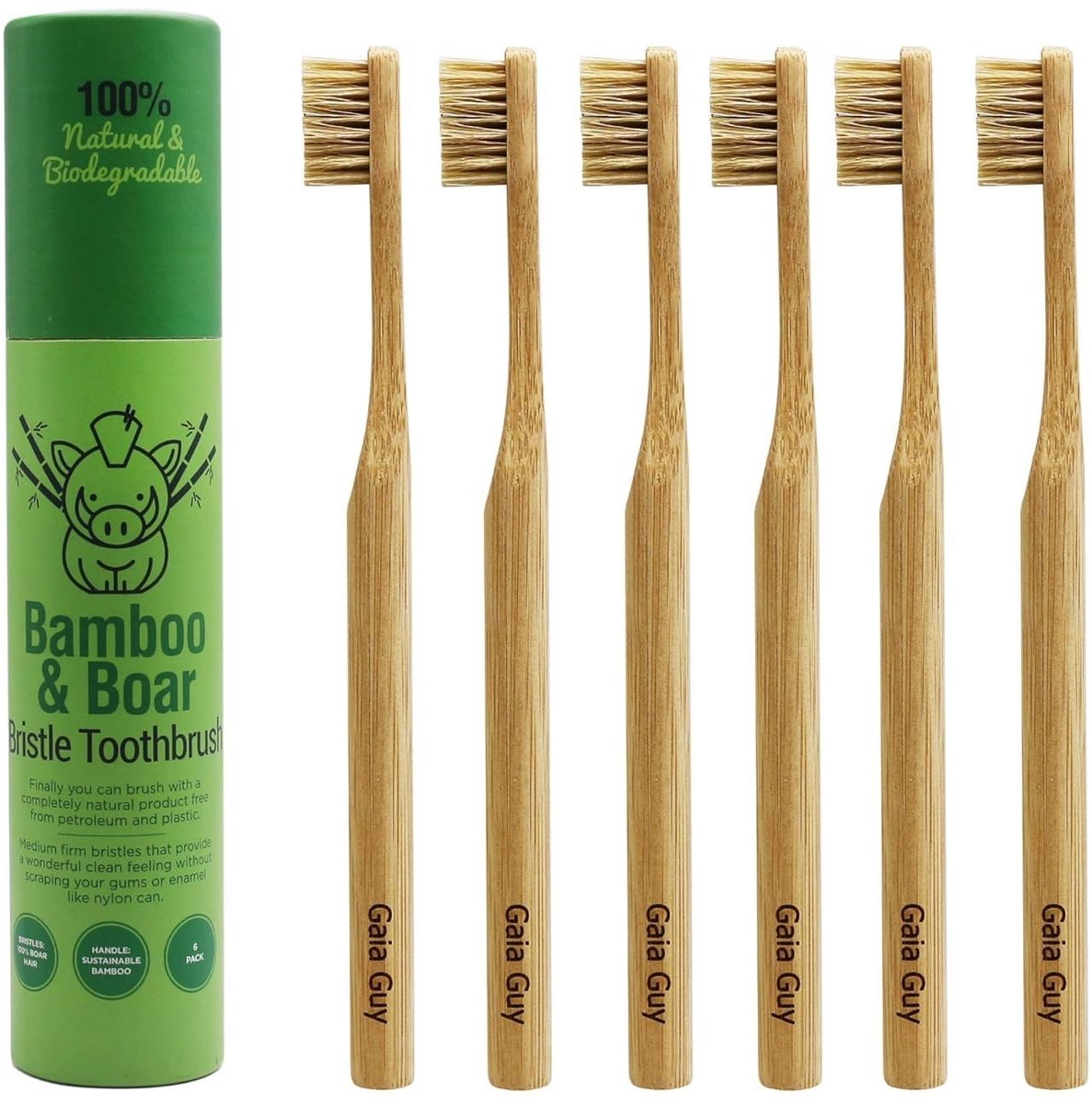 Set van 6 Bamboe Tandenborstels met Natuurlijke Varkensharen - Plasticvrij