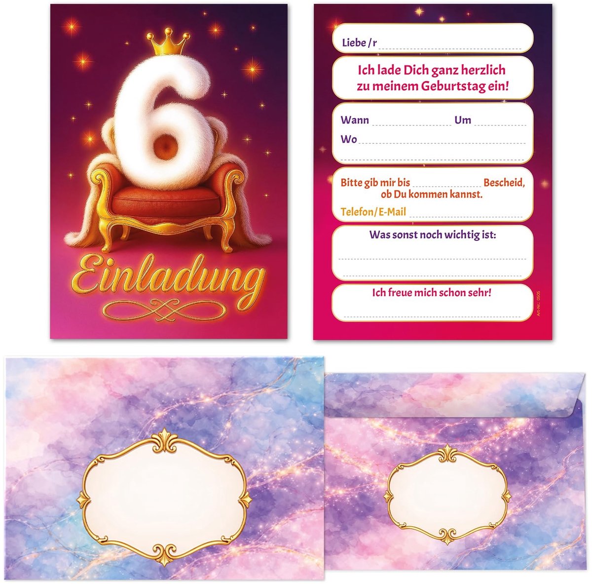 Uitnodigingskaarten Set voor 6e Verjaardag - Incl. 12 Enveloppen