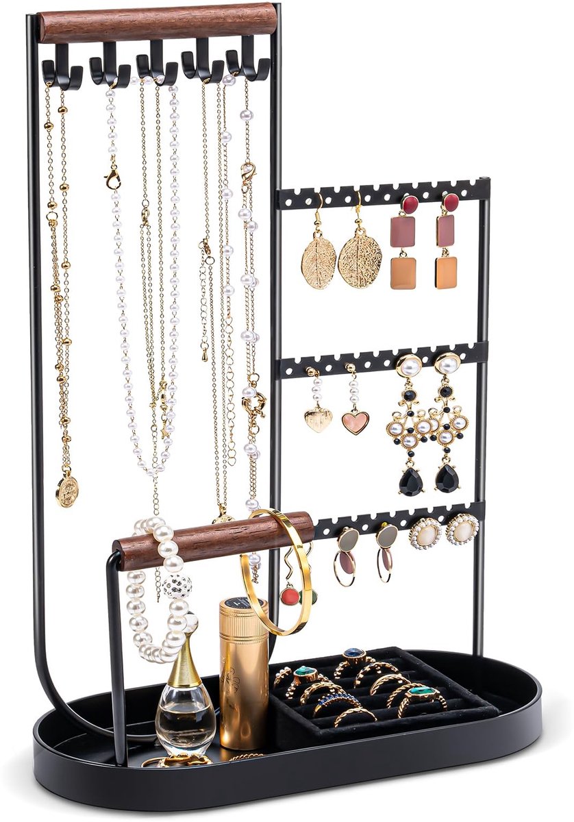 Sieraden Organizer met Velvet Ring Tray - Zwart