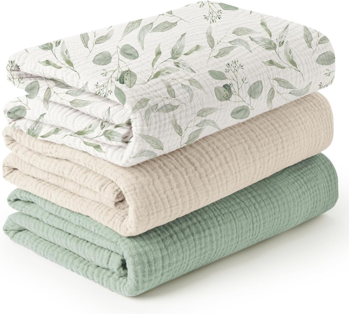Gerimpeld katoen‑gaas baby wikkeldeken, set van 3 stuks, 100×100 cm,wasbare baby deken，Set van 3 multifunctionele baby dekens, ademend gerimpeld gaas‑katoen, wikkeldoek voor pasgeboren baby（Romige abrikoos + blaadjes + groen）