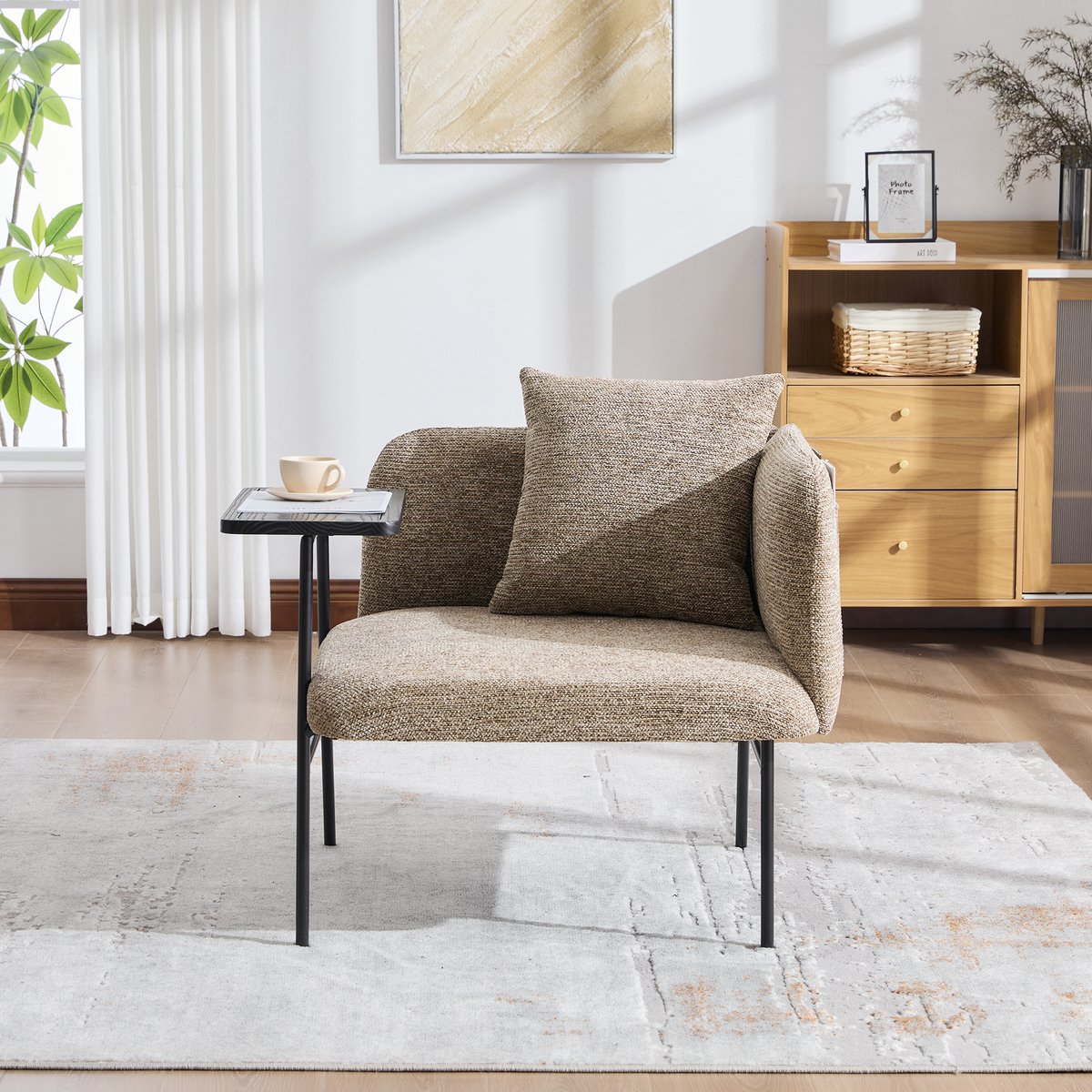Moderne fauteuil met bijzettafel - comfortabele stoffen rugleuning - twee opbergvakken - praktische bijzettafel met opbergruimte - stabiel metalen frame - minimalistisch design