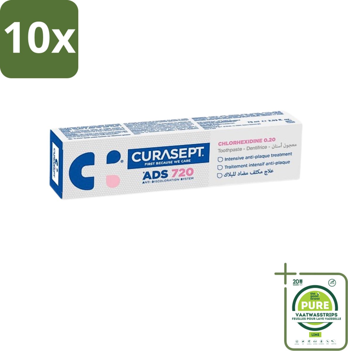 10 x Curasept - ADS 720 Gel-Tandpasta - Chloorhexidine 0.20% - Beschermt Tandvlees & Tanden - 75 ml - Grootverpakking - Tandpasta - Chloorhexidine - Ontstoken Tandvlees - Peri-implantitis - Mondhygiëne
