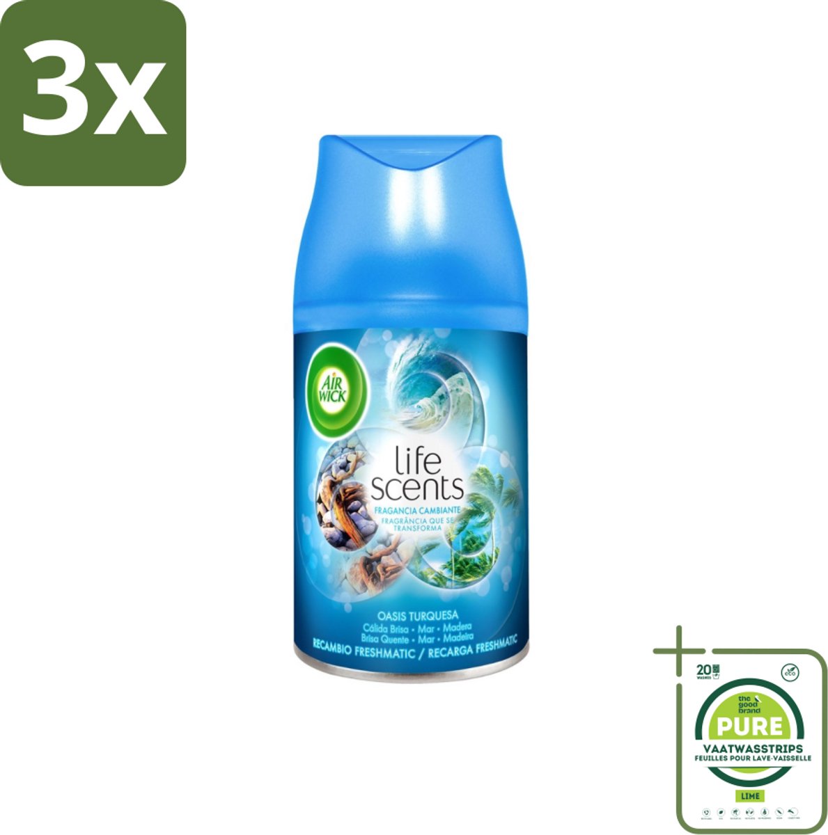 3 x Air Wick - Luchtverfrisser Navulling - Turquoise Oase - Automatische Spray - 250 ml - Grootverpakking - Geurverspreiding - Tropische Geur - Drijfhout - Zeenevel - Bries