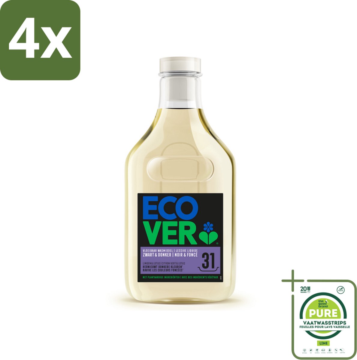 Ecover Vloeibaar Wasmiddel Zwart & Donker - Limoen & Lotus 31 Wasbeurten 1,43 liter - Voordeelverpakking - 4 stuks - Donker wasmiddel - Donkere kleuren