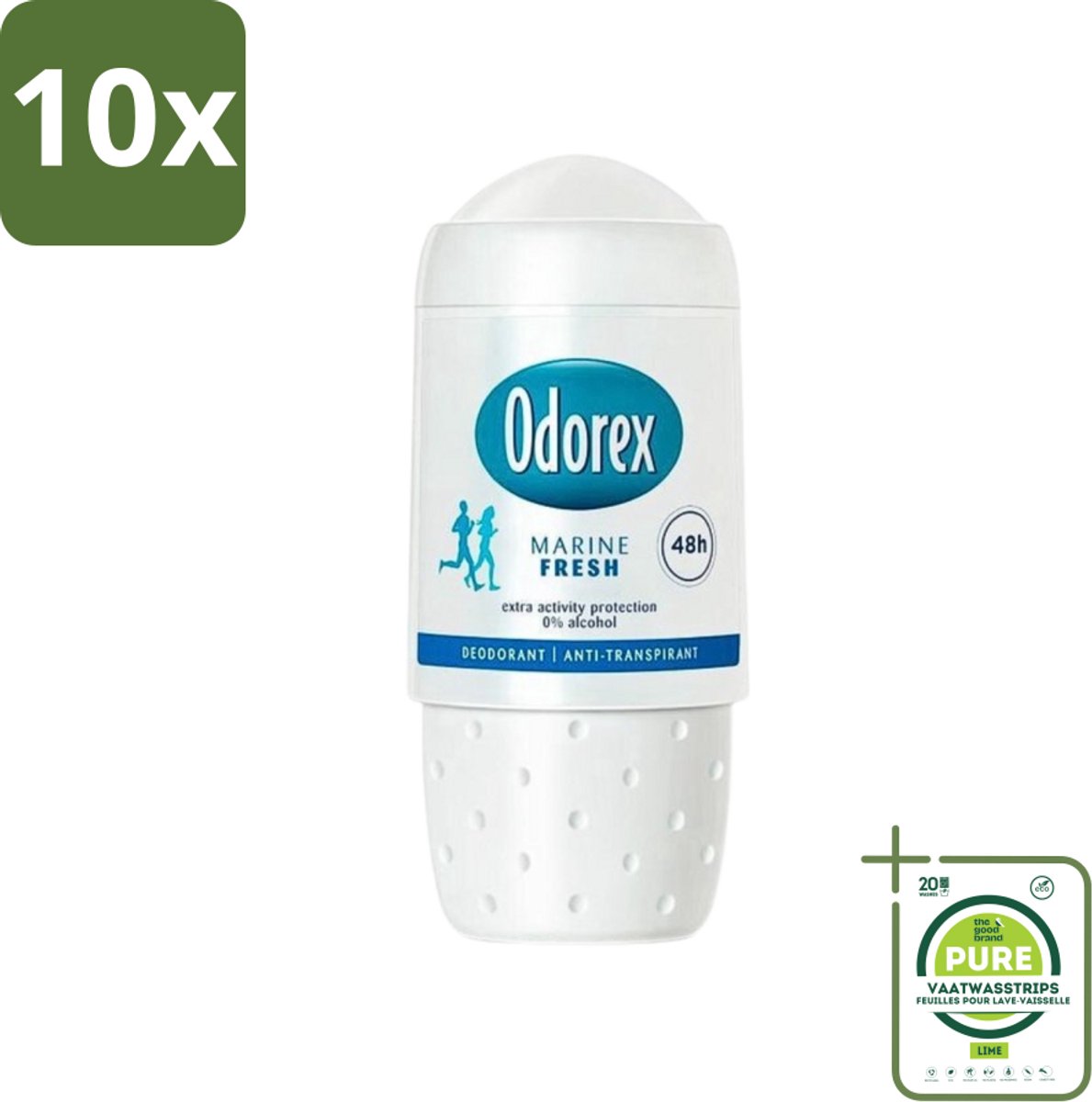10 x Odorex - Deodorant Roller - Marine Fresh - Verkwikkende Geur - 50 ml - Grootverpakking - Deodorant Roller - Marine Geur - Anti-transpirant - 48 Uur Bescherming - 0% Alcohol