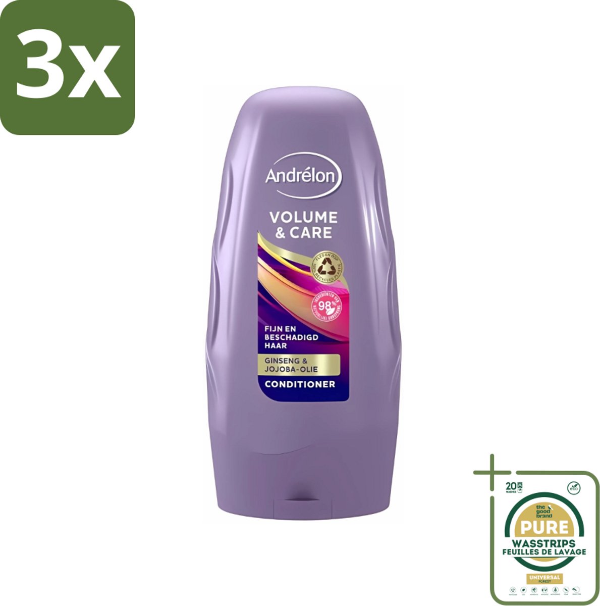 3 x Andrélon - Volume & Care - Conditioner - Voor Extra Volume - 250 ml - Grootverpakking - Extra Volume Haar - Volume Conditioner - Fijn Haar Verzorging - Beschadigd Haar Verzorging - Ginseng Conditioner