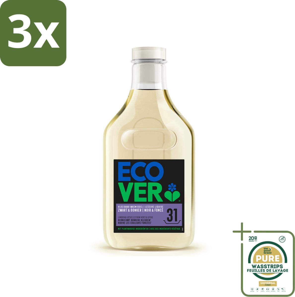 3 x Ecover Vloeibaar Wasmiddel Zwart & Donker - Limoen & Lotus 31 Wasbeurten 1,43 liter - Grootverpakking - Donkere Kleuren - Wasmiddel Zwart - Plantaardig Wasmiddel - Ecologisch Wasmiddel - Katoenpluisjes Verwijderen