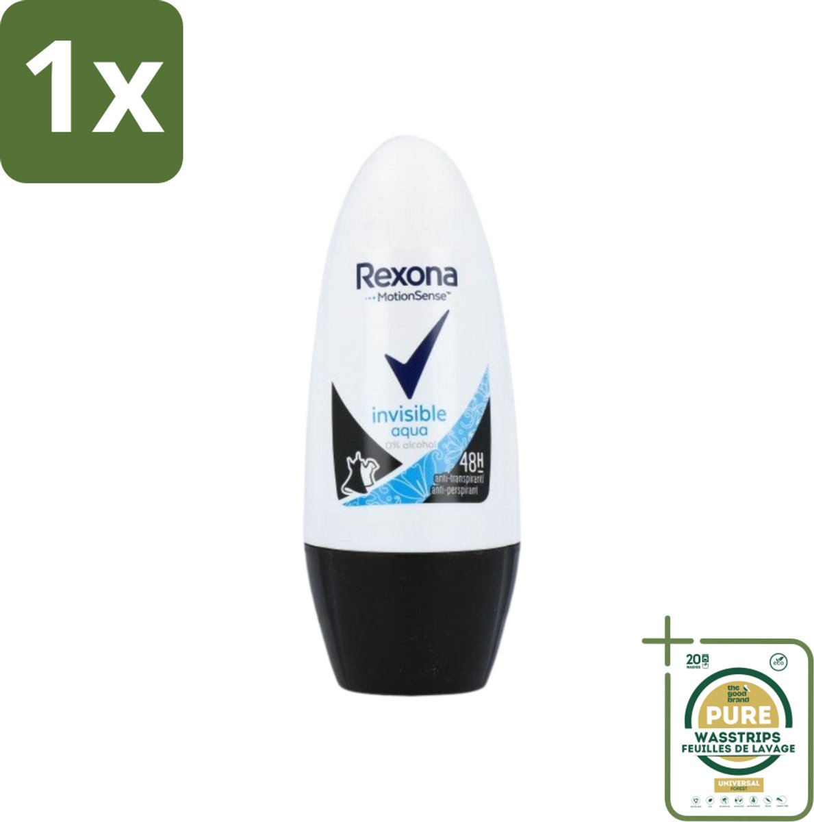 1 x Rexona - Invisible Aqua - Deo Roller - Anti-perspirant - 50 ml- Deodorant - Anti-perspirant - Zweetvermindering - Lichaamsgeur - Witte Strepen