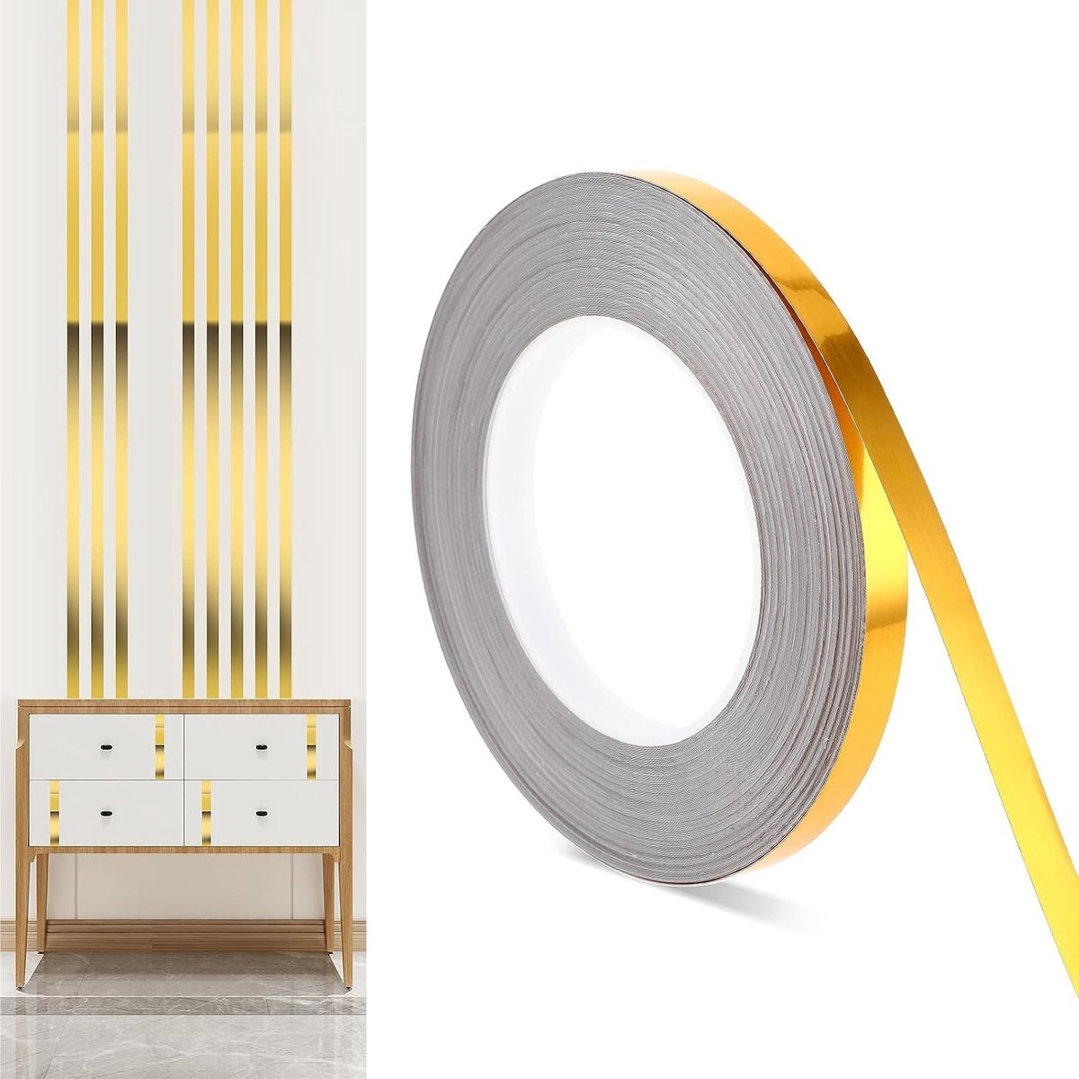 Decoratieve Metallic Plakband 10 mm x 50 m met Gouden Strepen voor Knutselen, Auto, Muur en Cadeauverpakking