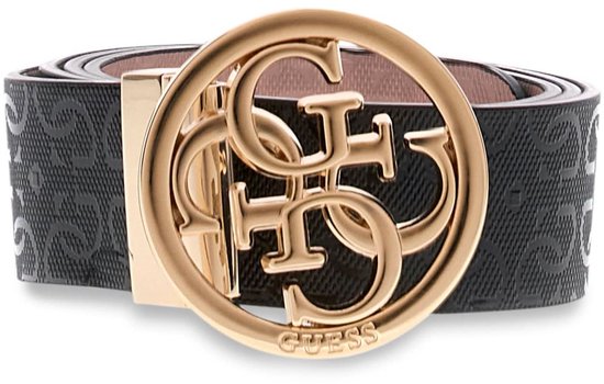 Zwarte riem met GUESS logo patroon en gouden gesp. De gesp heeft een cirkelvormig GUESS logo.